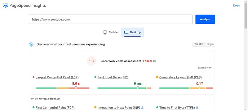 Screenshot of page speed insights